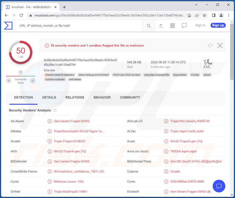 IceXLoader malware detections on VirusTotal