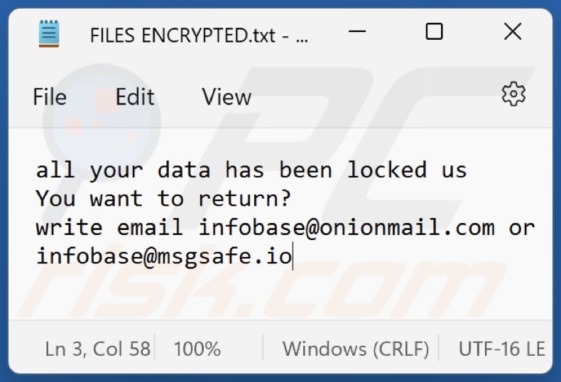 info ransomware txt file (FILES ENCRYPTED.txt)