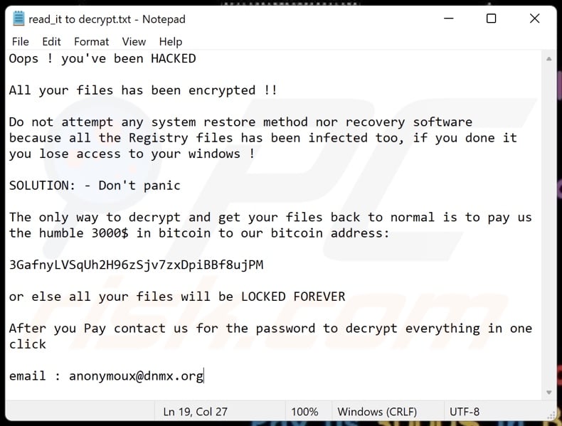 KEEP CALM AND RECOVER YOUR FILES ransomware ransom-demanding message (read_it to decrypt.txt)