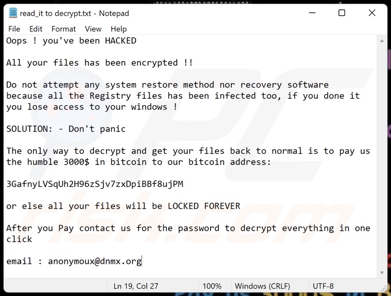 KEEP CALM AND RECOVER YOUR FILES ransomware ransom-demanding message (read_it to decrypt.txt)