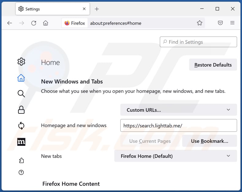 Removing search.lighttab.me from Mozilla Firefox homepage