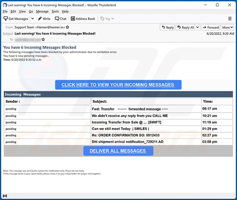 You have 6 Incoming Messages Blocked scam email