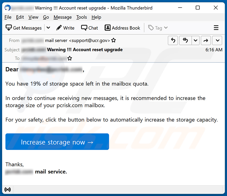 Mail Quota-themed spam email used to promote a phishing site (2022-06-29)