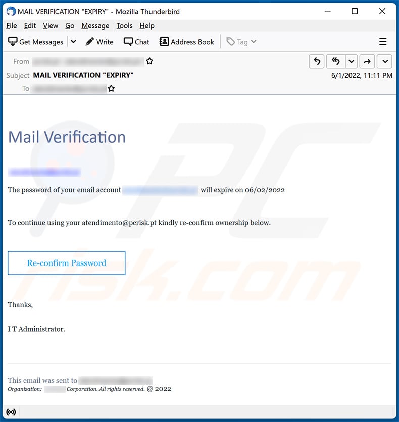 Mail verification-themed spam email (2022-06-02)