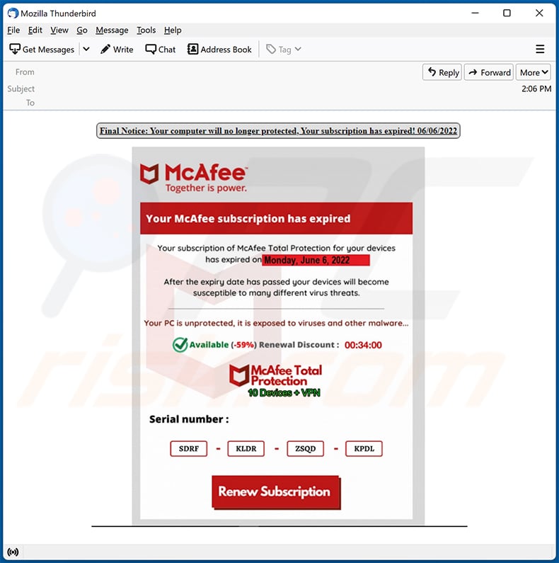 McAfee Subscription Has Expired scam email (2022-06-08)
