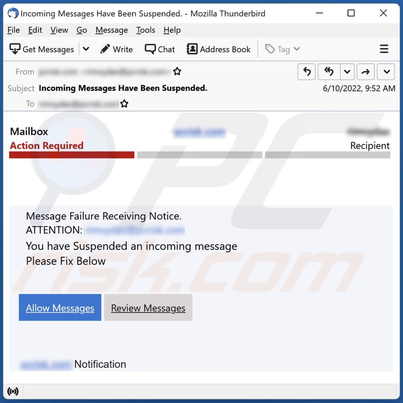 Message Failure Receiving Notice email spam campaign