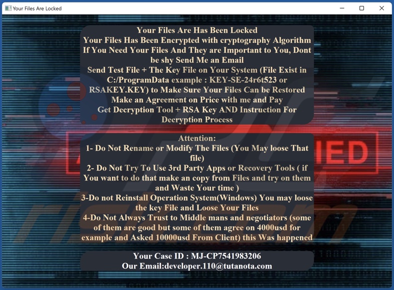 Moonshadow ransomware ransom-demanding message (Decryption-Guide.HTA)