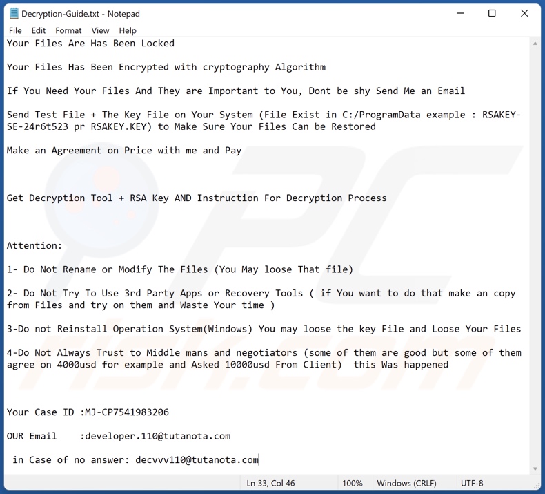 Moonshadow ransomware text file (Decryption-Guide.txt)