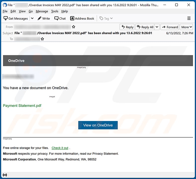 OneDrive-themed spam email (2022-06-14)