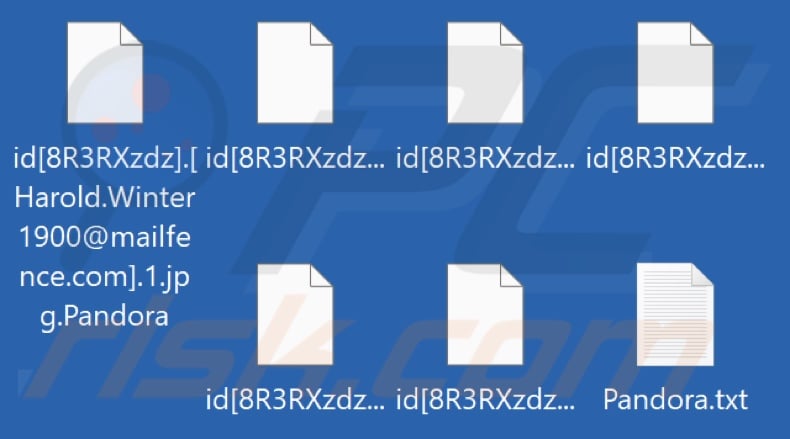 Files encrypted by Pandora (TeslaRVNG) ransomware (id[victim's_ID].[developers'_email].original_filename.Pandora - renaming pattern)