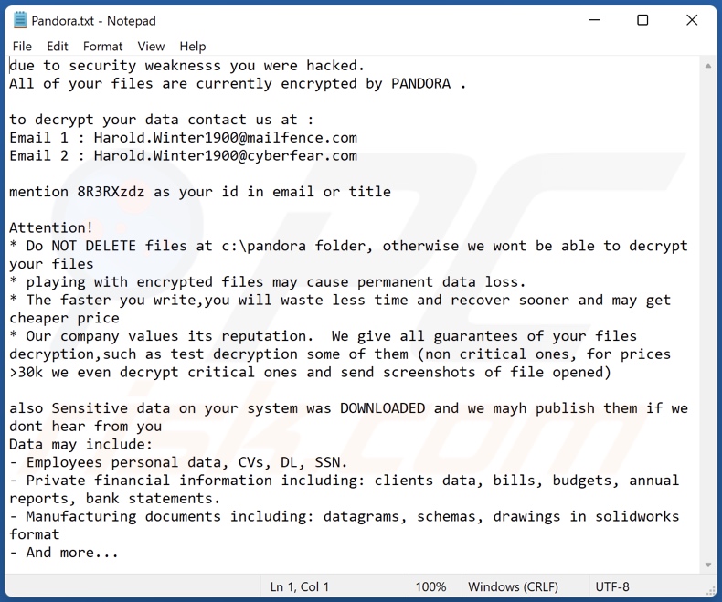 Pandora (TeslaRVNG) ransomware ransom-demanding message (Pandora.txt)