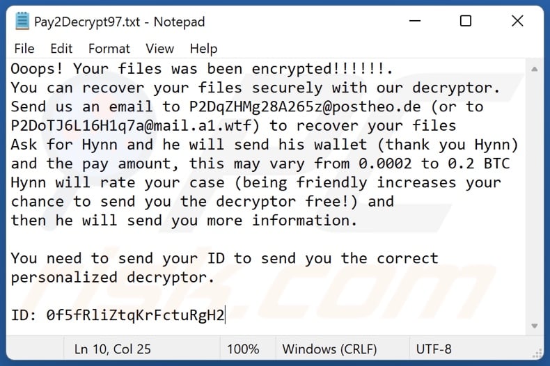 Pay2Decrypt ransomware ransom-demanding message (Pay2Decrypt1.txt ... Pay2Decrypt100.txt)