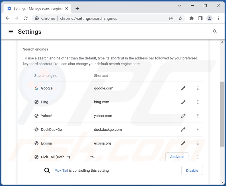 Removing tailsearch.com from Google Chrome default search engine