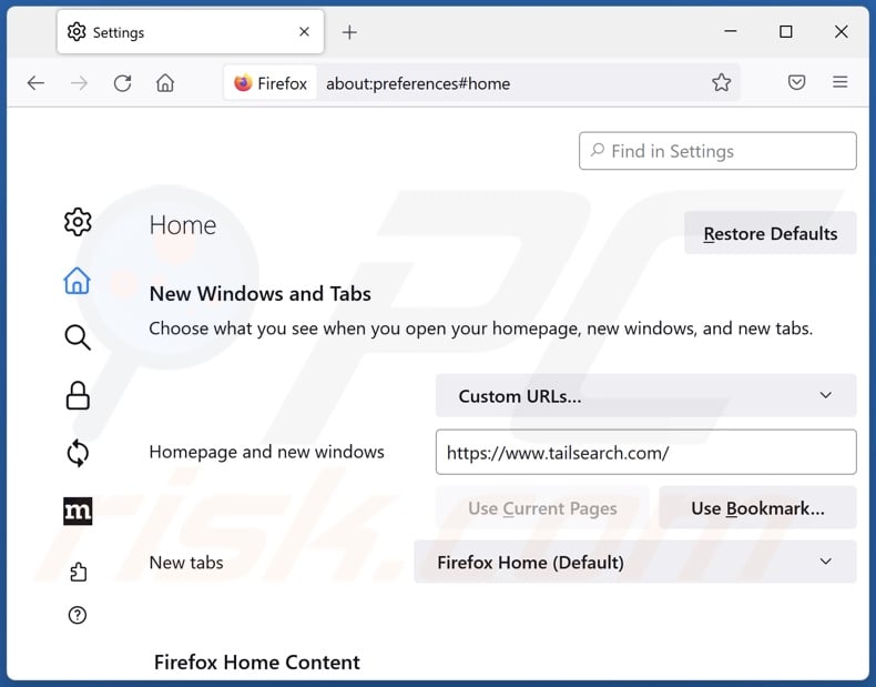 Removing tailsearch.com from Mozilla Firefox homepage