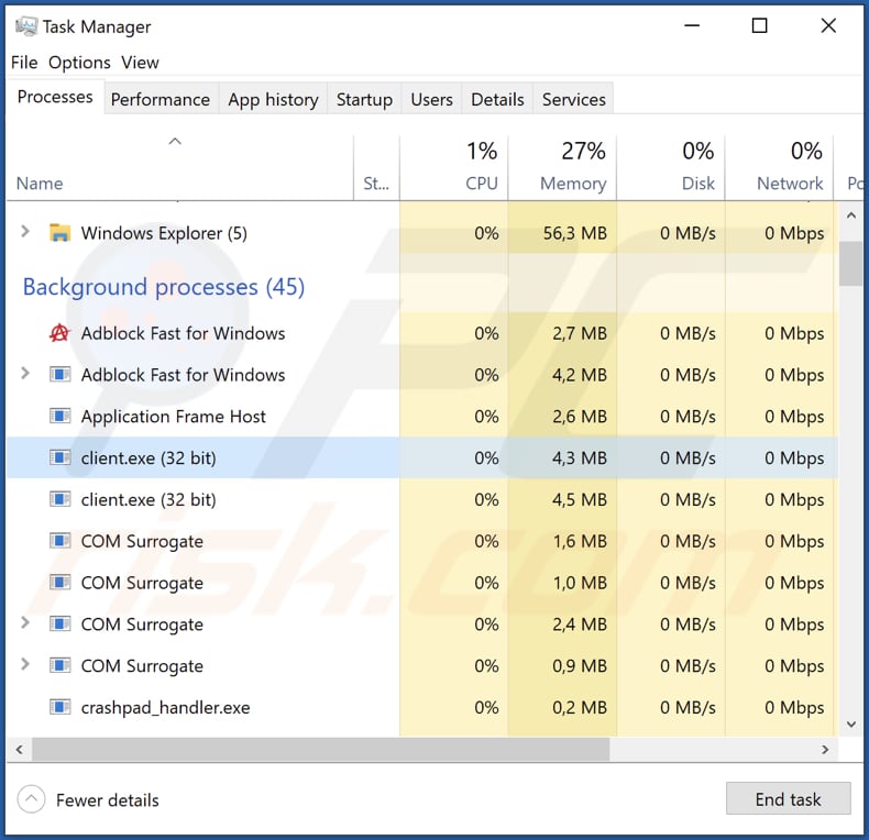 proxy2service malware running in task manager as client.exe