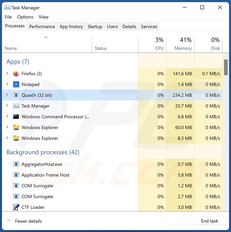 Quax0r ransomware process on Task Manager (Quax0r - process name)