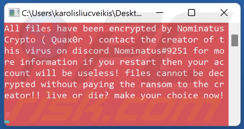Quax0r ransomware ransom-demanding message (Command Prompt window)