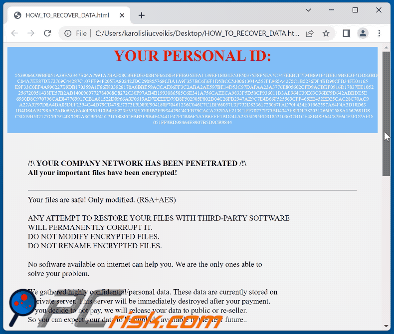 REVENLOCK ransomware ransom-demanding message (HOW_TO_RECOVER_DATA.html) GIF