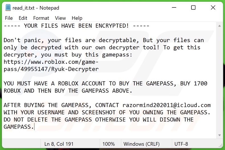 Ryuk (Chaos) ransomware ransom-demanding message (read_it.txt)