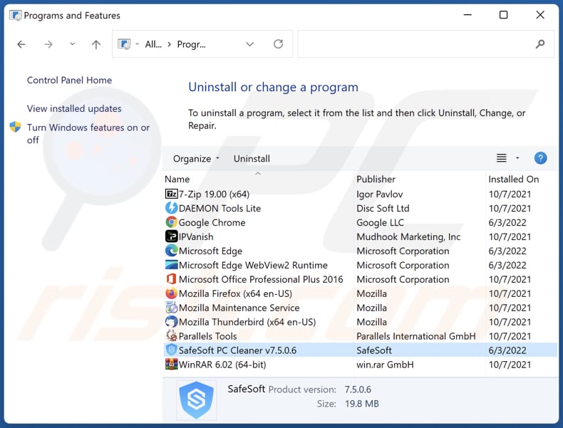 SafeSoft PC Cleaner uninstall via Control Panel