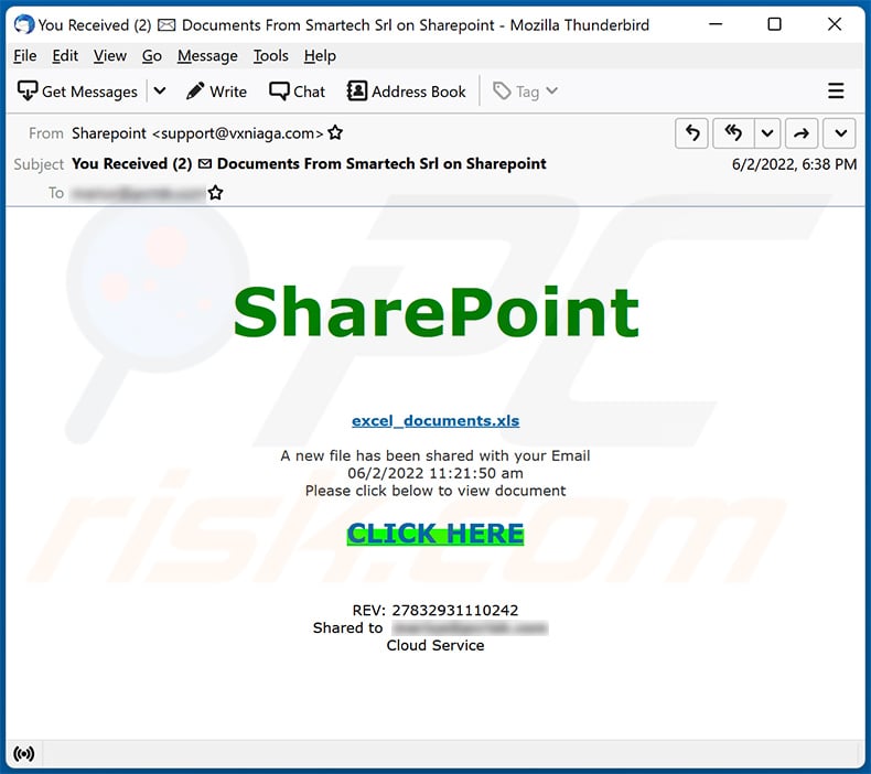 SharePoint-themed spam email promoting a phishing site (2022-06-06)