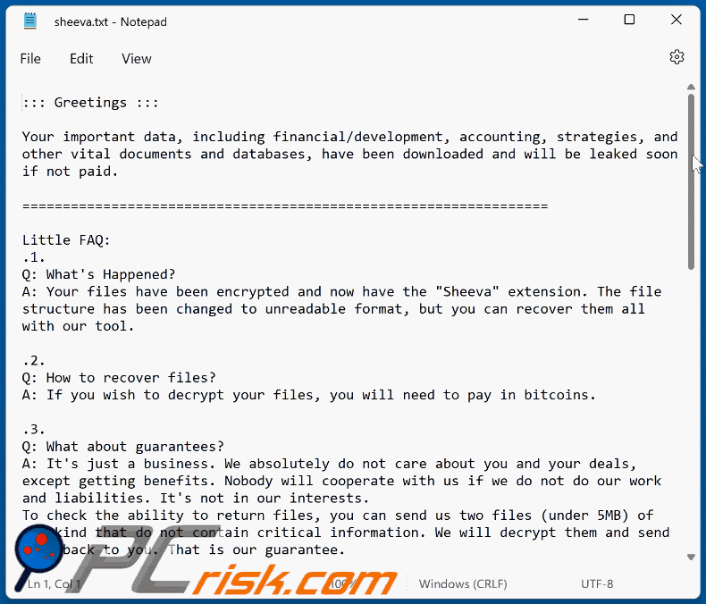 Sheeva ransomware ransom-demanding message (sheeva.txt) GIF