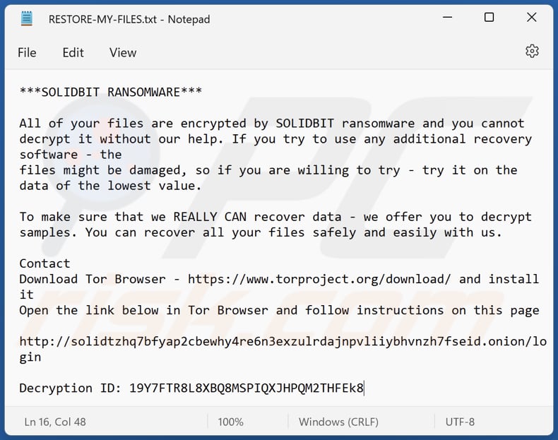solidbit ransomware ransom note text file (RESTORE-MY-FILES.txt)