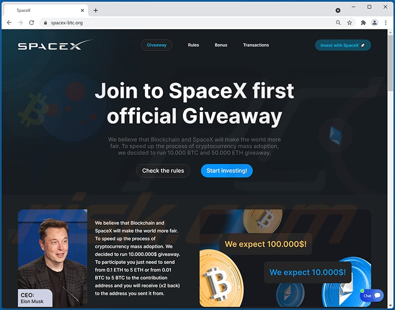 SpaceX-themed crypto giveaway website (spacex-btc[.]org)