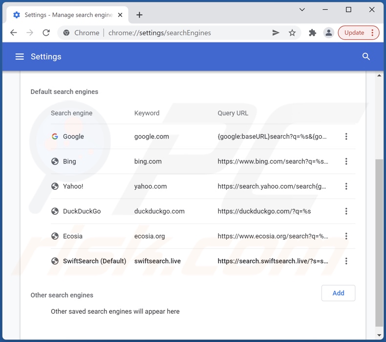 Removing swiftsearch.com from Google Chrome default search engine