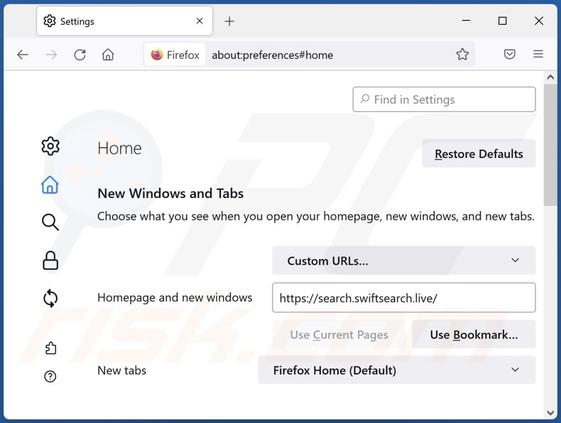 Removing swiftsearch.com from Mozilla Firefox homepage