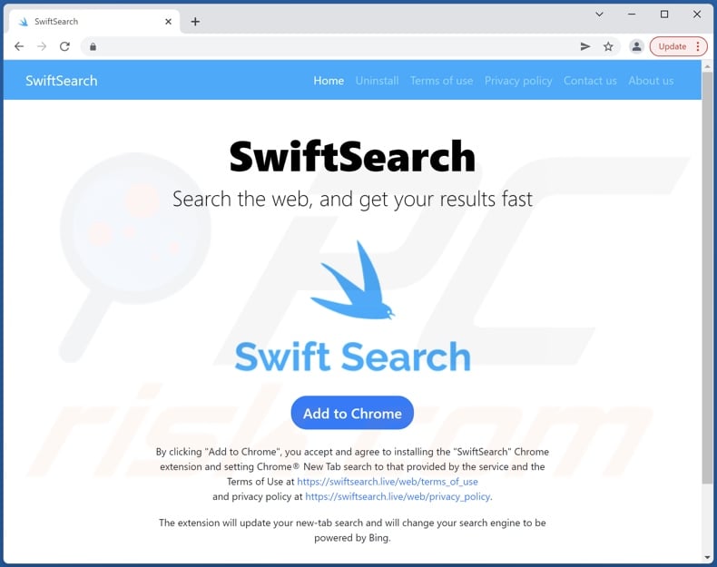 Website used to promote SwiftSearch browser hijacker