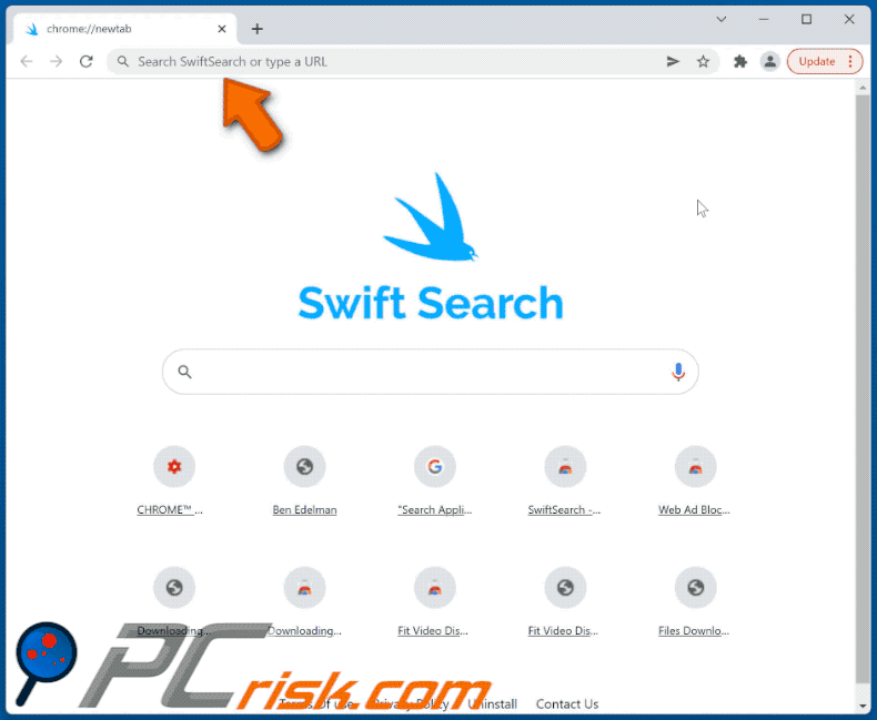 SwiftSearch browser hijacker redirecting to Bing (GIF)