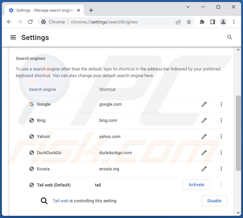 Removing tailsearch.com from Google Chrome default search engine
