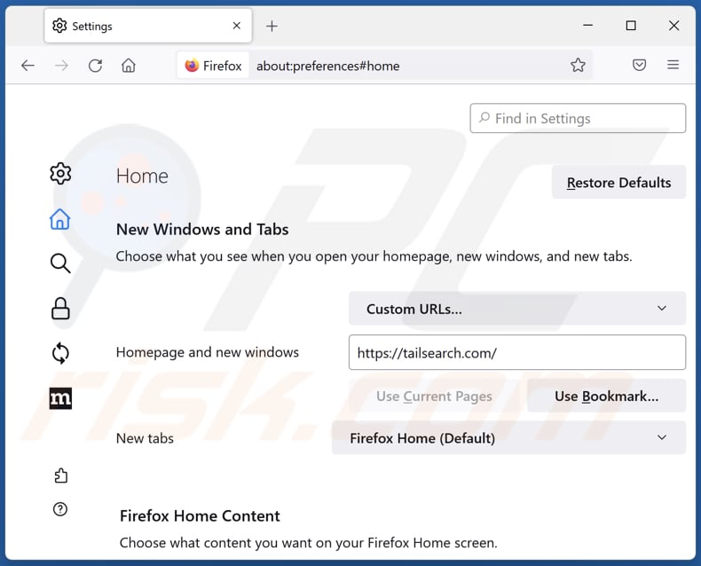 Removing tailsearch.com from Mozilla Firefox homepage