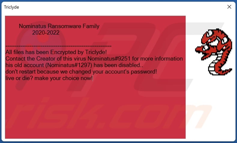 Triclyde ransomware ransom-demanding message (pop-up)
