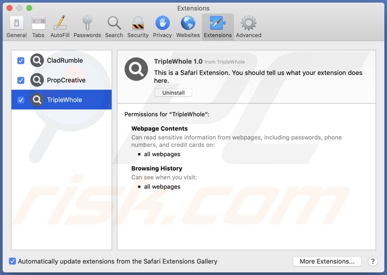 triplewhole adware installed on safari