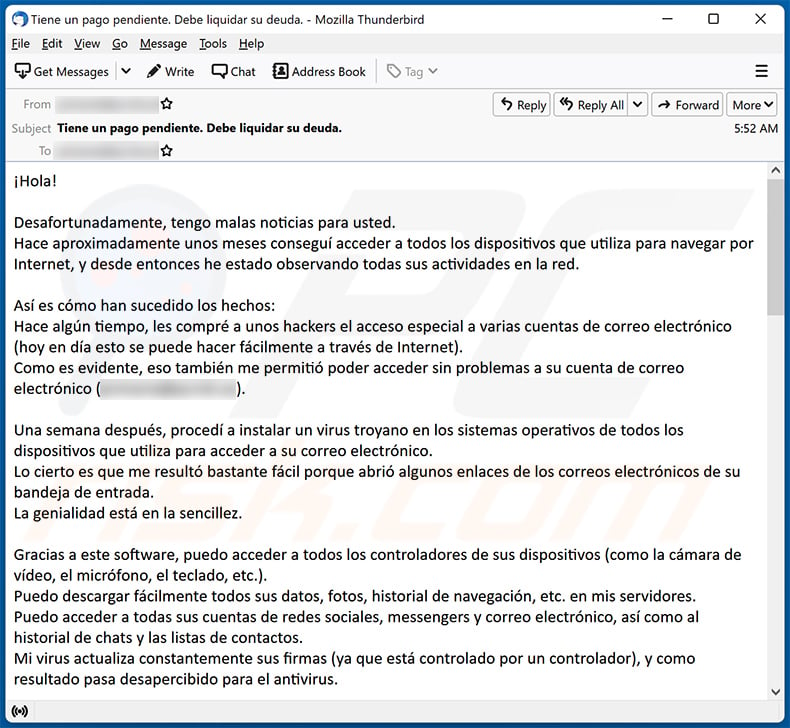 Spanish variant of Unfortunately, There Are Some Bad News For You Email Scam