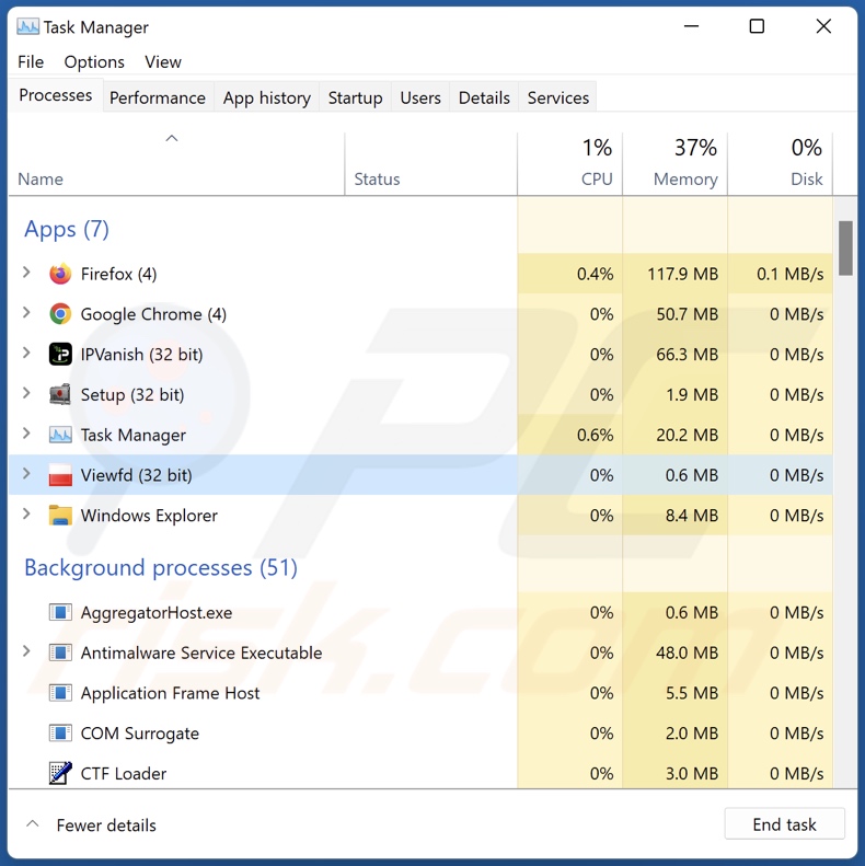 ViewFD malware process on Task Manager (Viewfd - process name)