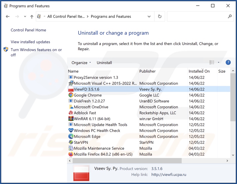 ViewFD application uninstall via Control Panel