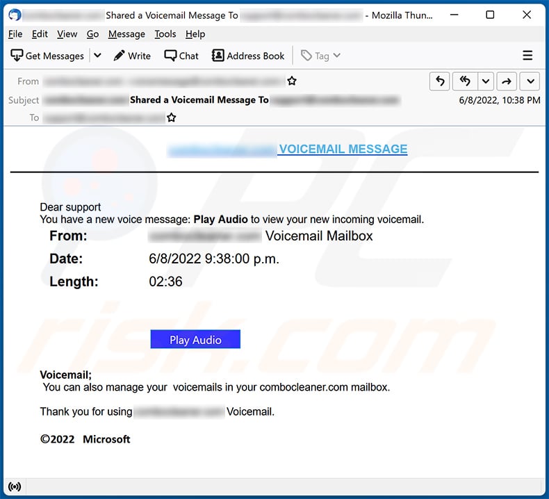 Voicemail-themed spam email used to promote a phishing site (2022-06-09)