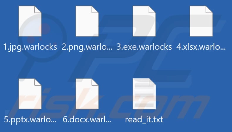 Files encrypted by Warlocks ransomware (.warlocks extension)