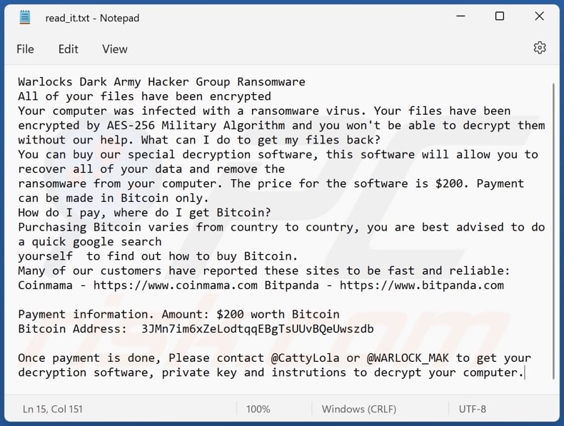 Warlocks ransomware ransom-demanding message (read_it.txt)
