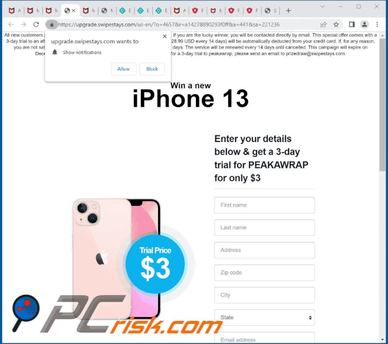 Appearance of Win A New iPhone 13 scam (GIF)