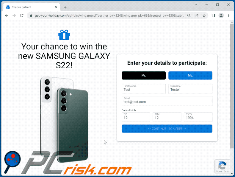 Appearance of Win SAMSUNG GALAXY S22 scam (GIF)
