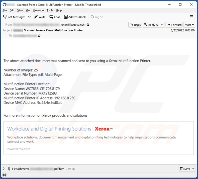 Xerox Multifunction Printer email spam campaign