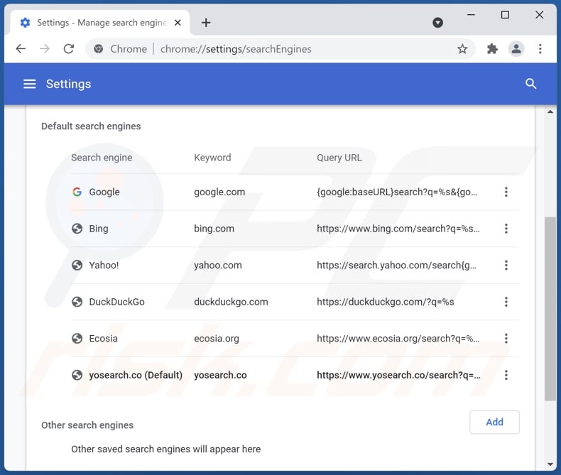 Removing yosearch.co from Google Chrome default search engine