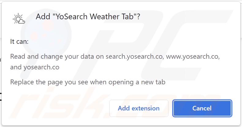 YoSearch Weather Tab browser hijacker asking for permissions