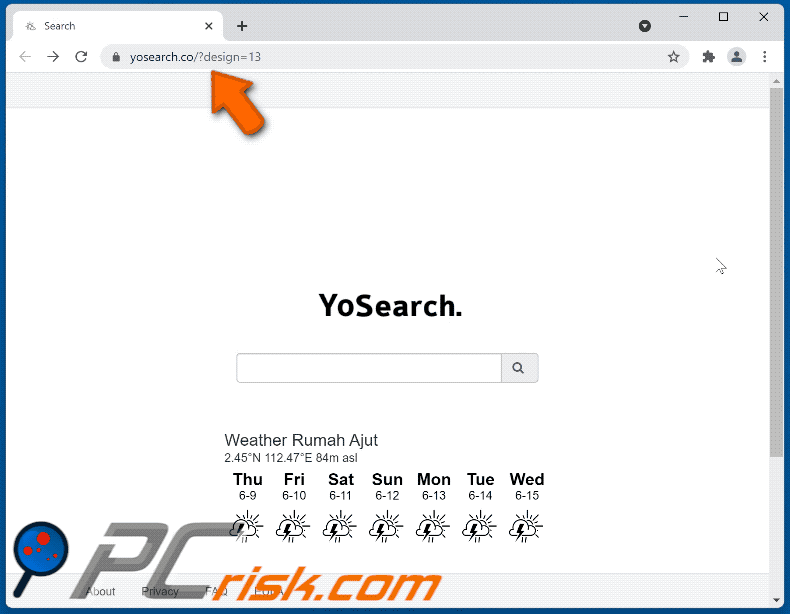 YoSearch Weather Tab browser hijacker redirecting to Bing (GIF)
