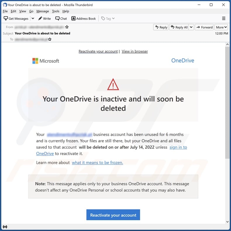 Your OneDrive Is Inactive And Will Soon Be Deleted email spam campaign