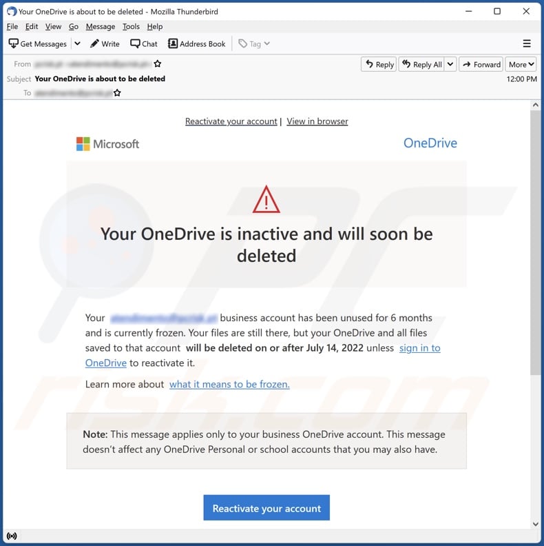 OneDrive Is Inactive And Will Soon Be Deleted Email Scam - Removal and recovery steps